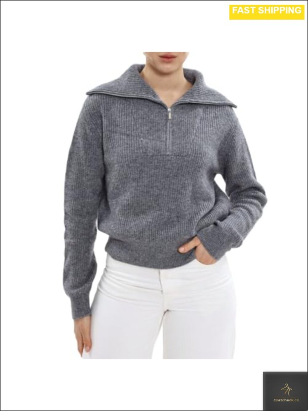 100% Wool Quarter Zip Pullover Sweater Ribbed Knit Loose Fit
